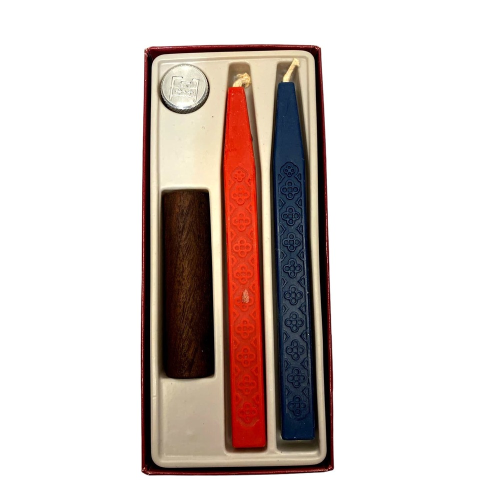 Vintage Hallmark Sealing Wax Red & Blue Wax Metal Letter "E" New in Box